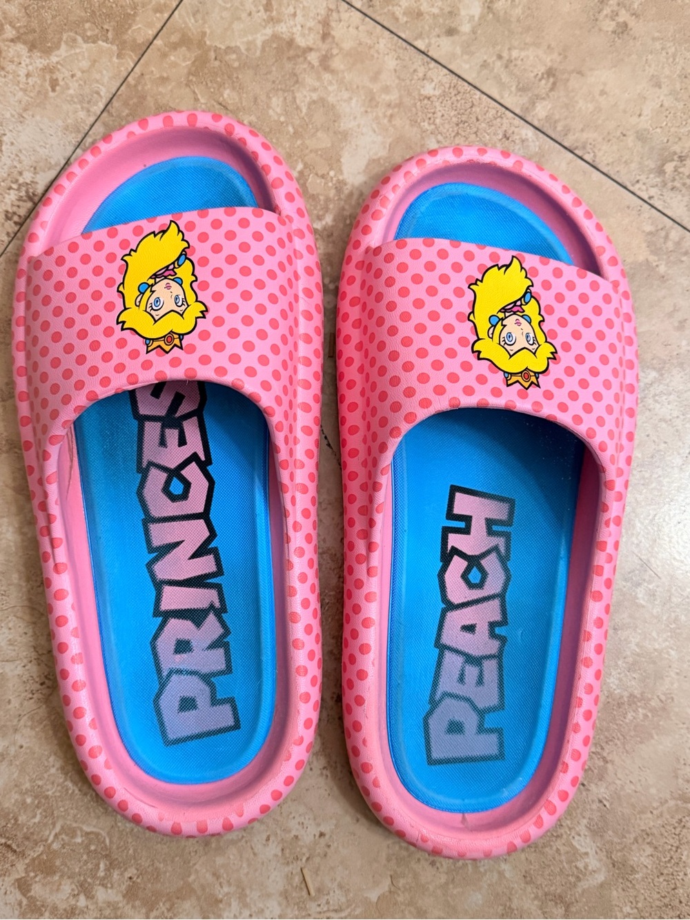 Girls Pink Princess Peach Slide Sandals with Blue Footbed